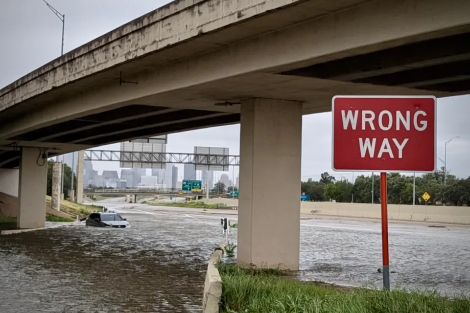 Flooded freeway underpass with red and white WRONG WAY sign in Houston, Texas during Hurricane Beryl in July 2024.